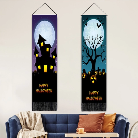 Halloween Wall Hanging Tapestry Vertical Flag Polyester Cotton With Tassels And Pole Spooky Castle Pumpkin Moon Decoration