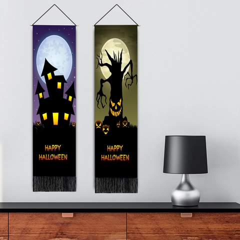 Halloween Wall Hanging Tapestry Vertical Flag Polyester Cotton With Tassels And Pole Spooky Castle Pumpkin Moon Decoration