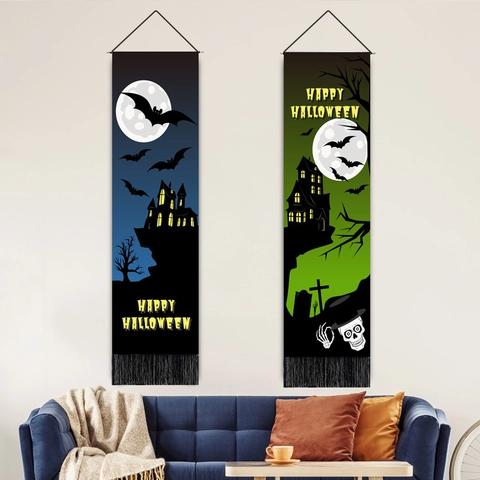 Halloween Vertical Hanging Tapestry Polyester Cotton Flag With Tassel Spooky Ghost Castle Festive Wall Decor