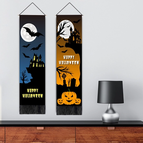 Halloween Vertical Hanging Tapestry Polyester Cotton Flag With Tassel Spooky Ghost Castle Festive Wall Decor