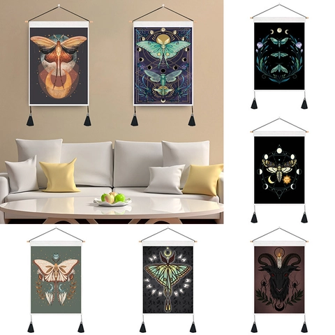 Tapiz de Pared Bohemio de Mariposa Polilla Con Varilla de Madera Borla Algodón Poliéster Mística Fase Lunar Decoración de Pared para Hogar