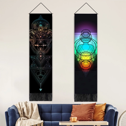 Böhmische Vertikale Wandteppich Baumwolle Leinen Mischung Heilige Geometrie Chakra Yoga Meditation Dekor Mit Holzstange