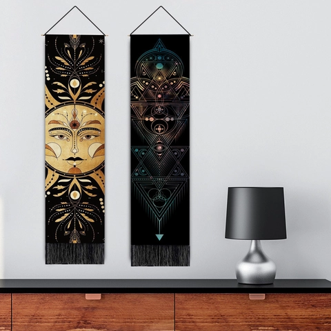 Böhmische Vertikale Wandteppich Baumwolle Leinen Mischung Heilige Geometrie Chakra Yoga Meditation Dekor Mit Holzstange