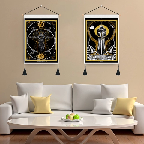 Tarot Karte Wandteppich Wandbehang Böhmisches Mystisches Dekor Mit Holzstab Und Quasten Polyester Baumwolle Kunst