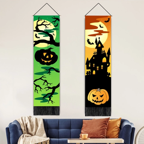 Halloween Wall Hanging Tapestry Cotton Linen Spooky Pumpkin Bat Ghost Print Decorative Poster With Tassels For Home Party
