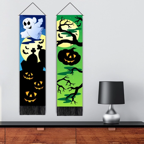 Halloween Wall Hanging Tapestry Cotton Linen Spooky Pumpkin Bat Ghost Print Decorative Poster With Tassels For Home Party