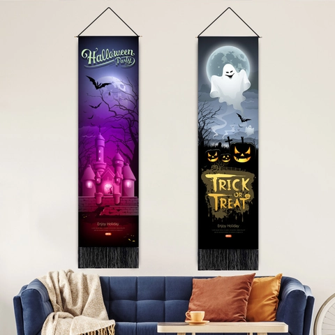 Halloween Hanging Tapestry Polyester Cotton Scroll Painting Spooky Witch Ghost Castle Tassel Wall Decor Banner Flag