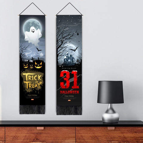 Halloween Hanging Tapestry Polyester Cotton Scroll Painting Spooky Witch Ghost Castle Tassel Wall Decor Banner Flag