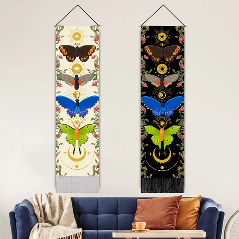 Schmetterling Motte Wandbehang Tapisserie Polyester Baumwolle Stoff Mit Holzstange Sonne Mondphase Botanisches Vintage Dekor
