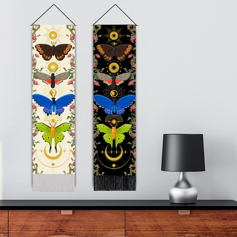 Schmetterling Motte Wandbehang Tapisserie Polyester Baumwolle Stoff Mit Holzstange Sonne Mondphase Botanisches Vintage Dekor