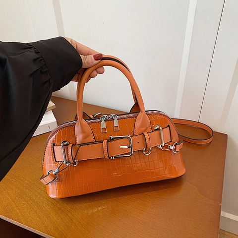 Sac Bandoulière Femme En Cuir PU À Motif Crocodile Finition Brillante Sac À Main Boucle De Ceinture Style Coréen