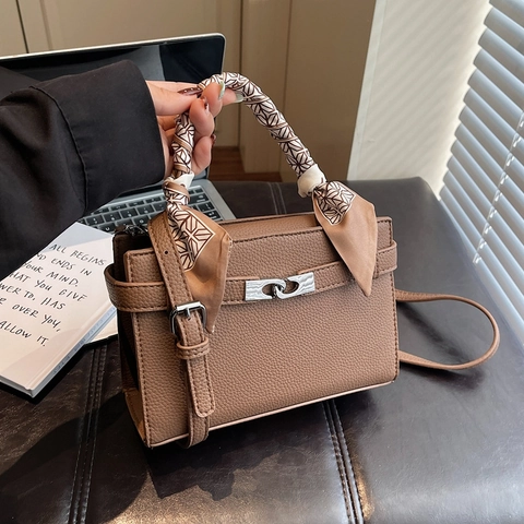 Vintage Lychee Muster PU Leder Damen Handtasche Mit Dekorativem Satinschal Griff Retro Schulter Umhängetasche Mode Tote
