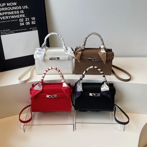 Vintage Lychee Muster PU Leder Damen Handtasche Mit Dekorativem Satinschal Griff Retro Schulter Umhängetasche Mode Tote