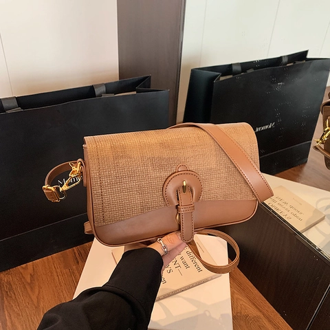 Vintage PU Leather Splicing Crossbody Bag For Women Small Square Shoulder Underarm Handbag With Adjustable Strap
