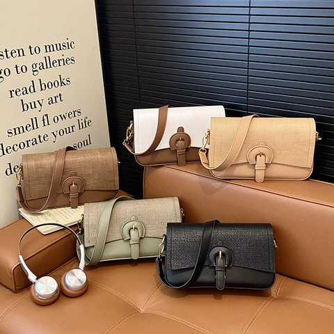 Vintage PU Leather Splicing Crossbody Bag For Women Small Square Shoulder Underarm Handbag With Adjustable Strap