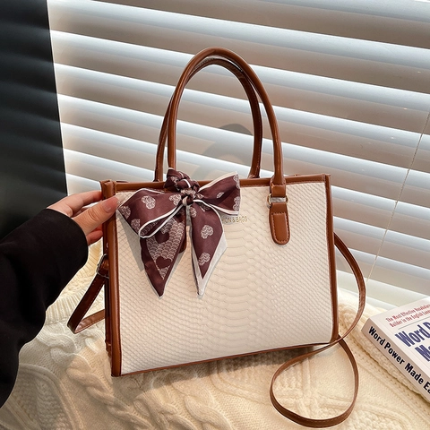 Women PU Leather Snake Pattern Tote Bag Large Capacity Crossbody Handbag With Scarf Decoration For Commuter Office Work Chic