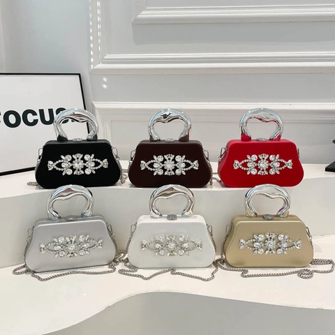 Bolso de Noche de Flores con Diamantes de Imitación de Lujo para Mujer Asa Escultórica de Metal Bolso de Mano con Cadena para Fiesta