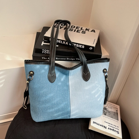 Borsa Tote In Denim Patchwork Grande Capacità Borsa A Spalla Con Tracolle In Ecopelle A Contrasto Per Donna Casual
