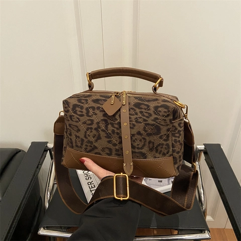 Borsa Boston Vintage In Camoscio Trapuntata Da Donna Borsa A Mano Con Motivo A Rombi Tracolla Larga Stampa Leopardata