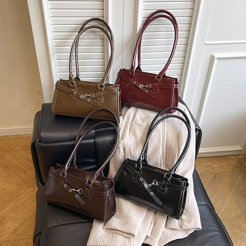 Bolso de Hombro Baguette de Cuero PU Brillante de Estilo Francés para Mujer Bolso de Axila Vintage Color Sólido Bolso de Mano para Viajeros