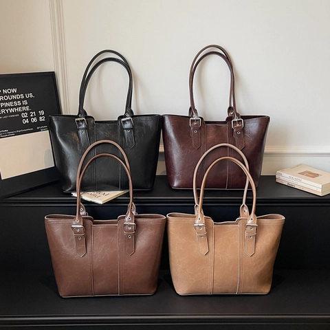 Vintage PU Leder Shopper Tasche Große Kapazität Verstellbare Schultergurte Retro Pendler Lässig Handtasche Damen