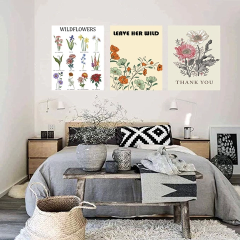 Wandbehang Wandteppich Polyester Baumwolle Botanischer Blumendruck Wildblumen Vintage Illustration Nordischer Stil