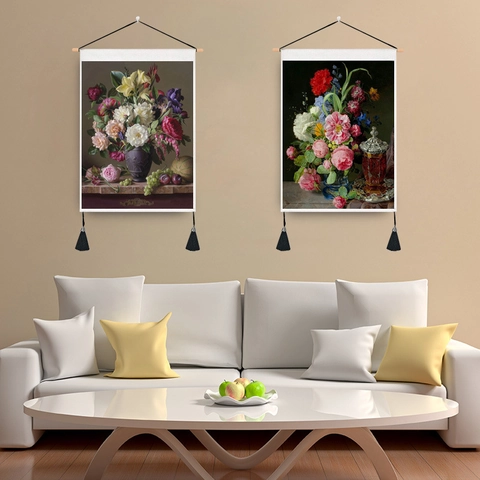 Vintage European Floral Oil Painting Wall Hanging Tapestry With Wood Rod And Tassel Polyester Cotton Art Poster For Home Decor
