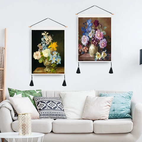 Vintage European Floral Oil Painting Wall Hanging Tapestry With Wood Rod And Tassel Polyester Cotton Art Poster For Home Decor