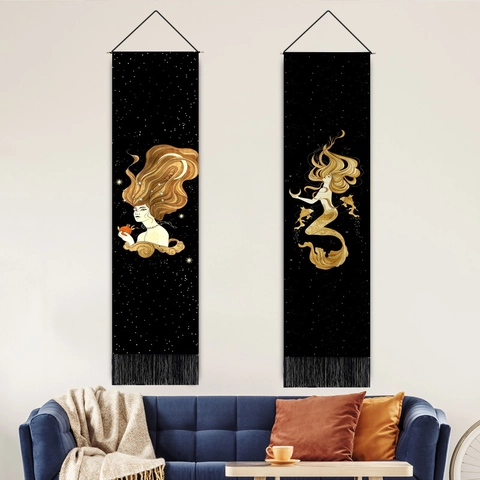 Polyester Cotton Moon Goddess Mermaid Wall Tapestry Vertical Decorative Scroll Painting With Tassels Wood Rod Home Decor