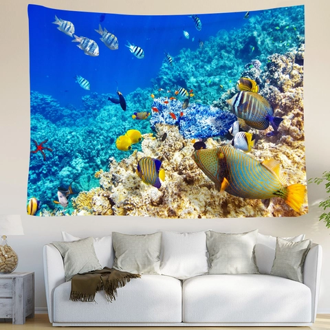 Ocean World Marine Life Tapestry Wall Hanging Coral Reef Fish Sea Turtle 3D Printed Polyester Wall Art For Living Room Home Decor