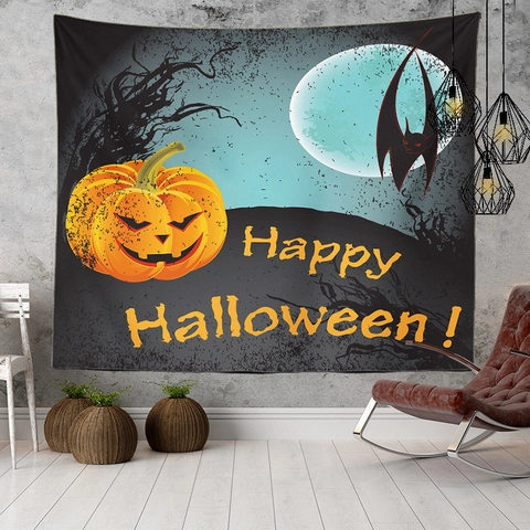 Tapiz de Halloween de Poliéster Calabaza Bruja Castillo Cementerio Luna Patrón Para Hogar Dormitorio Sala de Estar Decoración de Fiesta