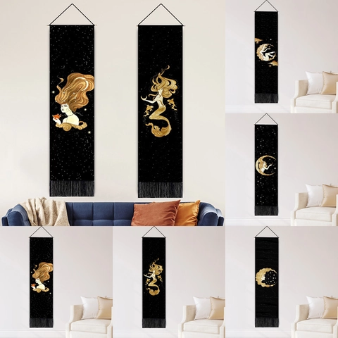 Polyester Cotton Moon Goddess Mermaid Wall Tapestry Vertical Decorative Scroll Painting With Tassels Wood Rod Home Decor