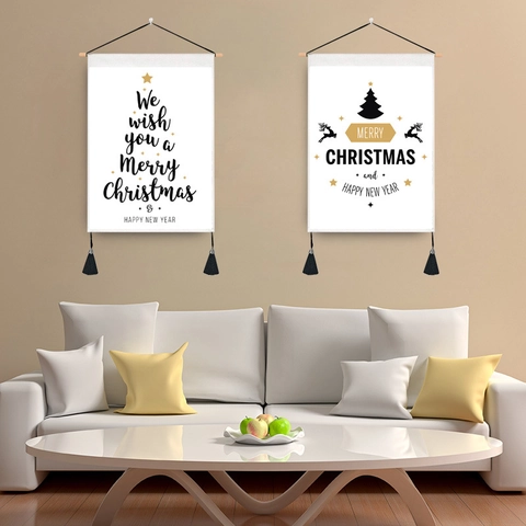 Nordic Christmas Wall Hanging Scroll Tapestry With Wood Rod And Tassels Polyester Cotton Christmas Tree Reindeer Print Fabric Banner For Home Holiday Decoration