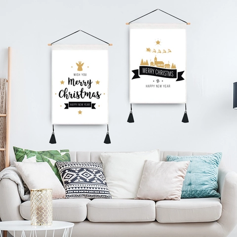 Nordic Christmas Wall Hanging Scroll Tapestry With Wood Rod And Tassels Polyester Cotton Christmas Tree Reindeer Print Fabric Banner For Home Holiday Decoration