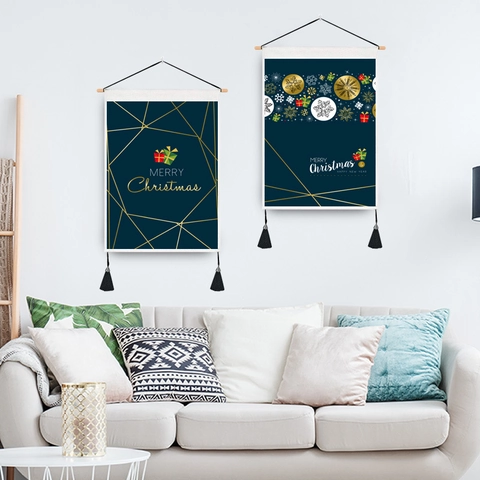 Weihnachts Wandteppich Wandbehang Baumwolle Polyester Dekorative Rolle Mit Holzstab Und Quasten Feiertagsdeko Ornament