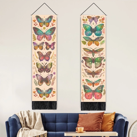 Vintage Butterfly Botanical Vertical Wall Hanging Tapestry Cotton Linen Fabric Art Decor With Tassels And Wooden Pole