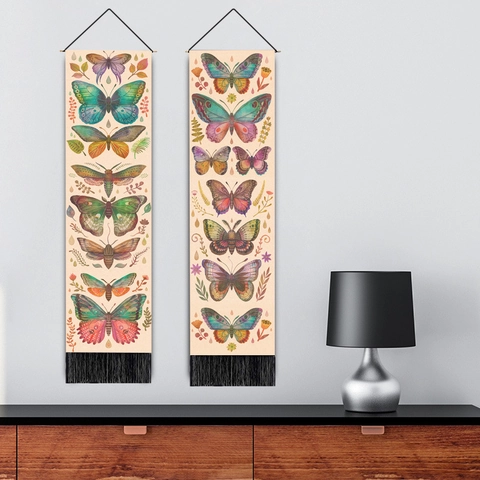 Vintage Butterfly Botanical Vertical Wall Hanging Tapestry Cotton Linen Fabric Art Decor With Tassels And Wooden Pole
