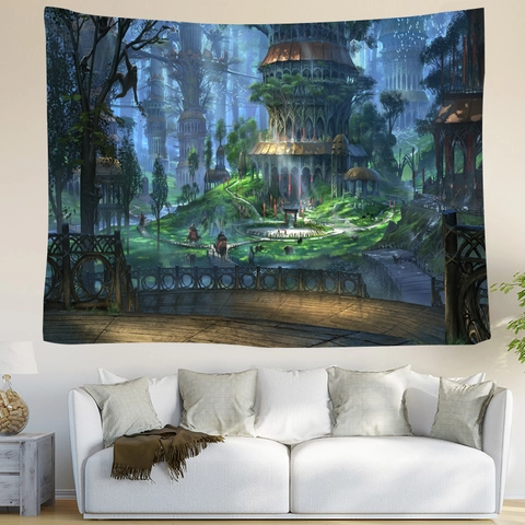 Tapisserie Forêt Fantastique Champignon Mystique Arbre Magique Décoration Murale Tissu Polyester Paysage pour Salon Chambre à Coucher