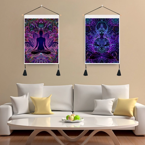 Mandala Meditation Buddha Tapestry Wall Hanging Wood Pole Tassel Polyester Cotton Zen Yoga Mushroom Galaxy Art Decor