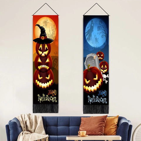 Halloween Vertical Hanging Tapestry Pumpkin Witch Ghost Print Polyester Cotton Banner With Tassels Rod For Home Wall Decor