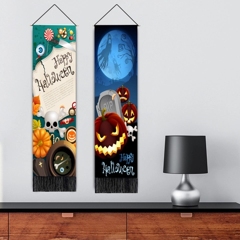 Halloween Vertical Hanging Tapestry Pumpkin Witch Ghost Print Polyester Cotton Banner With Tassels Rod For Home Wall Decor