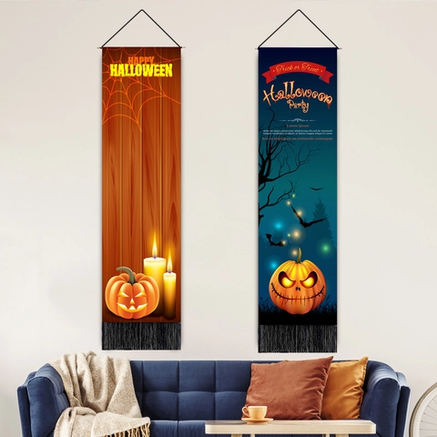 Halloween Arazzo Da Parete Cotone Lino Zucca Castello Stampa Banner Con Nappe Con Asta In Legno E Corda Home Decor