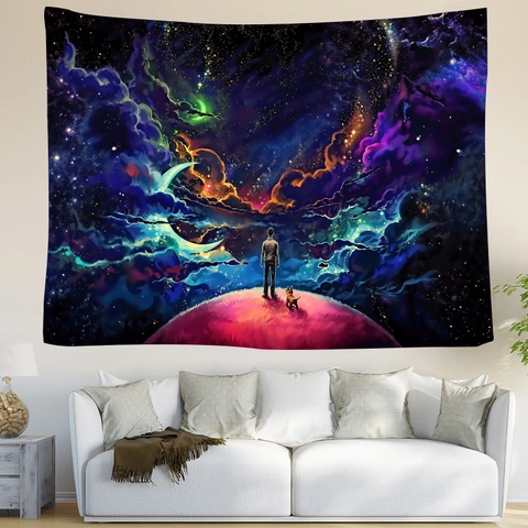Tenture Murale Tapisserie Ciel Étoilé Polyester Impression Numérique Galaxie Fantaisie Phase De Lune Décoration Esthétique Maison