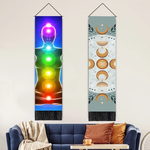 Yoga Chakra Buddha Meditation Wall Hanging Tapestry Polyester Cotton Fabric Scroll Tassels Wood Pole Bohemian Home Decor