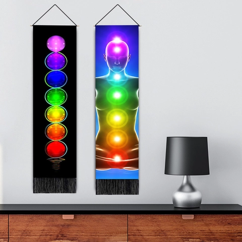 Yoga Chakra Buddha Meditation Wall Hanging Tapestry Polyester Cotton Fabric Scroll Tassels Wood Pole Bohemian Home Decor