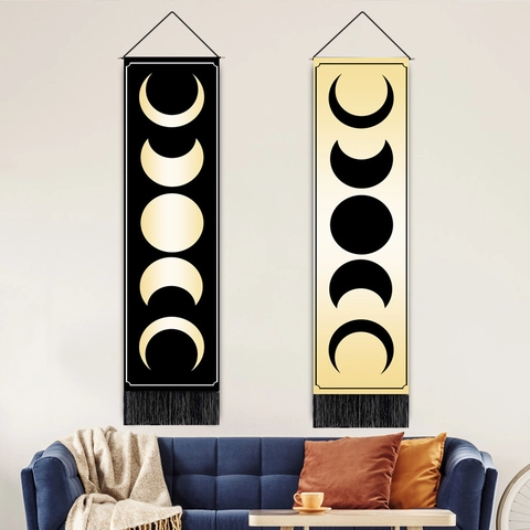 Moon Phase Wall Hanging Tapestry Polyester Cotton Vertical Banner With Tassels And Wood Pole For Home Living Room Decor
