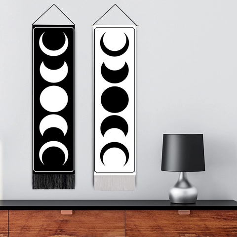 Moon Phase Wall Hanging Tapestry Polyester Cotton Vertical Banner With Tassels And Wood Pole For Home Living Room Decor