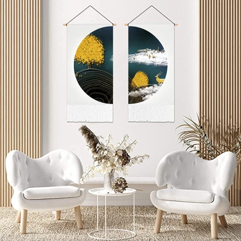 Dekorativer Wandbehang Tapisserie Polyester Baumwolle Stoff Scroll Art Mit Holzstab Quaste Nordischer Stil Wohndekor