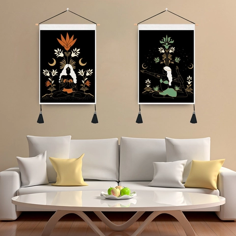 Bohemian Wall Tapestry Yoga Meditation Moon Phase Floral Print Polyester Cotton With Wooden Rod And Tassels Home Decor