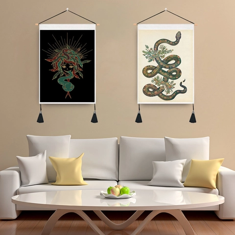 Schlange Mythologische Figur Botanisch Wandteppich Hängende Schriftrolle Polyester Baumwolle Holzstange Quasten Mystische Kunst